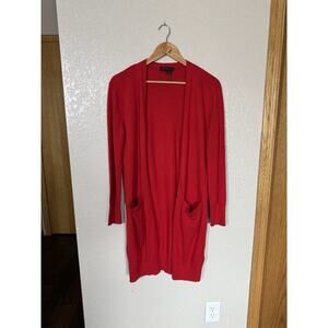 Donna Karan Red Longline Cardigan Sweater Small Silk Wool Blend Open Front